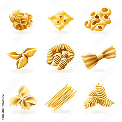 Variety of Pasta Shapes Isolated on White Background, Golden Italian Food