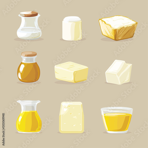 Assortment of Dairy Products Illustration: Milk, Cream, Butter, and Oil