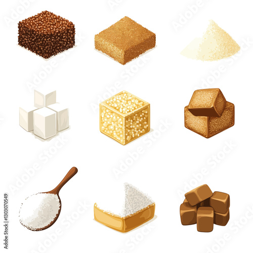 Assorted Sugar Illustration with Brown White Cubes Granulated and Spoon