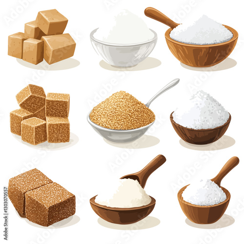 Assorted sugar varieties in bowls and cubes, kitchen concept, still life