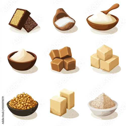 Variety of Sugars, Grains, and Sweeteners in Bowls and Blocks Cartoon