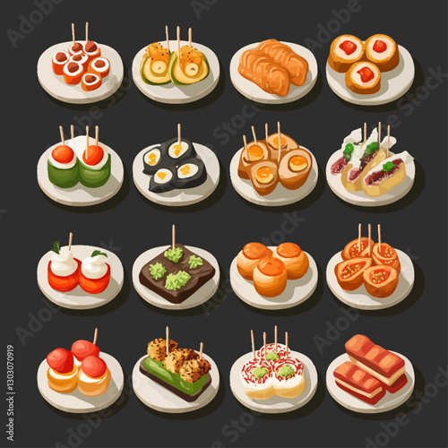 Exquisite selection of tapas, diverse culinary treats on plates, vector