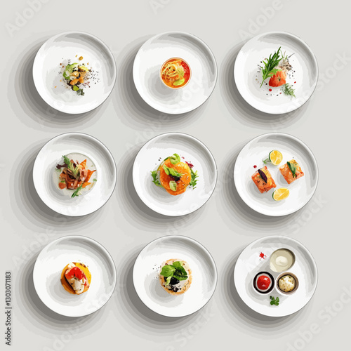 Assorted gourmet appetizers arranged on white plates against neutral backdrop