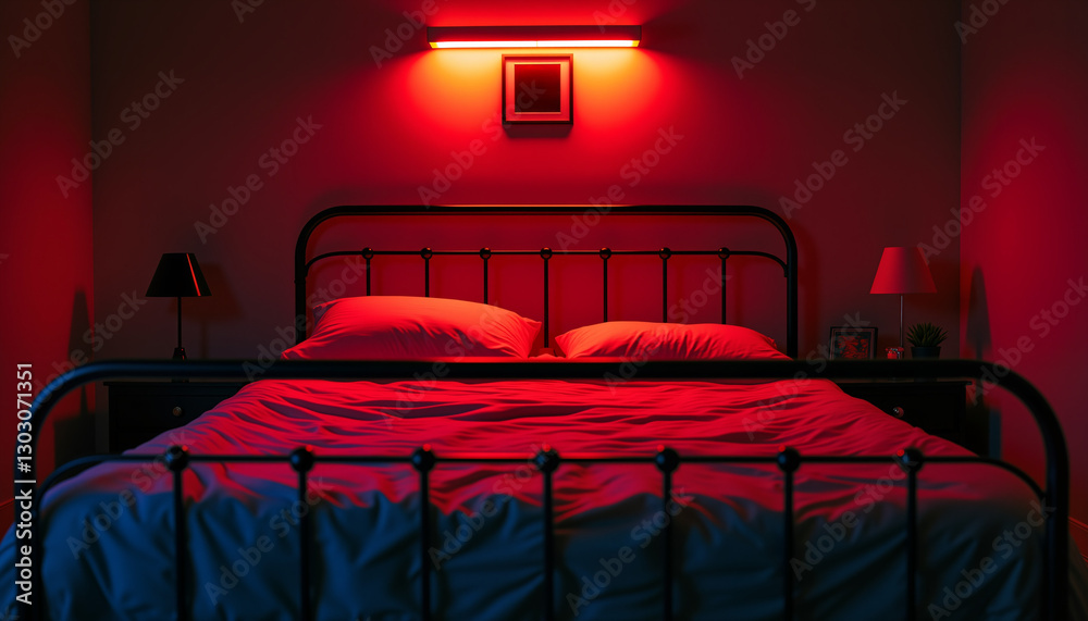 Cozy intimate red-lit bedroom with a bed and bedside lamps in modern style