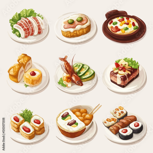 Assorted Appetizers on White Plates: Sushi, Shrimp, and Savory Snacks