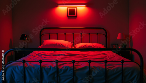 Obraz na płótnie Cozy intimate red-lit bedroom with a bed and bedside lamps in modern style w salonie