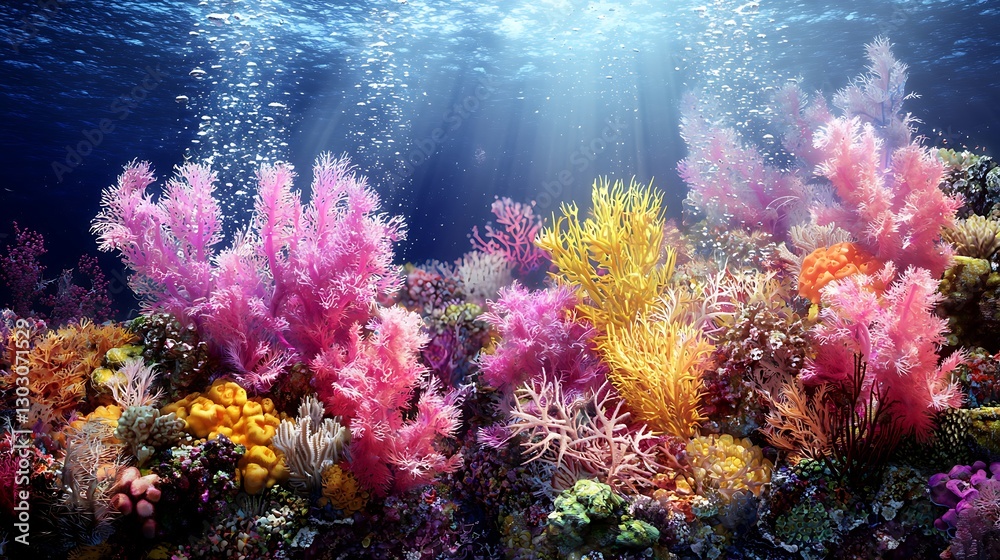 Naklejka premium Vibrant Coral Reef Ecosystem Illuminated by Sunlit Waters Depths
