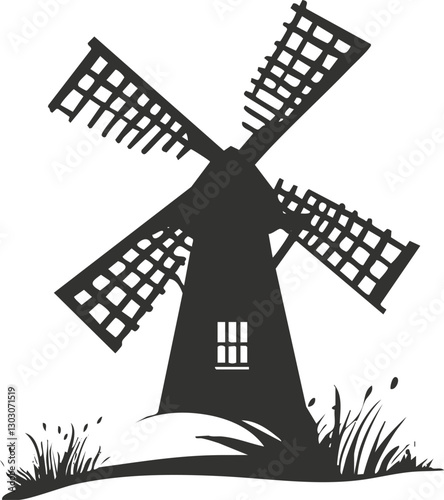 Silhouette of a traditional windmill illustration with grass accents.