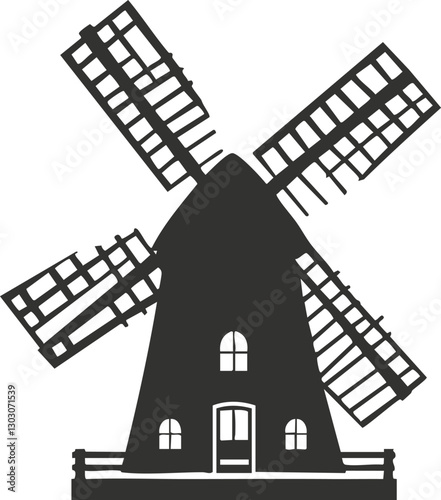 Black silhouette of a traditional windmill with blades and windows.