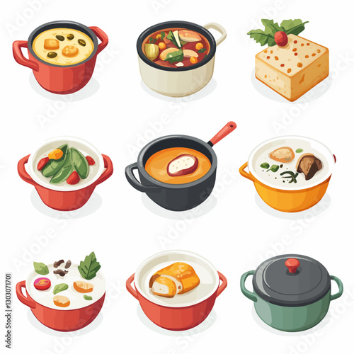 Cartoon bowls of soup and stew, varied colorful and flavorful food icons