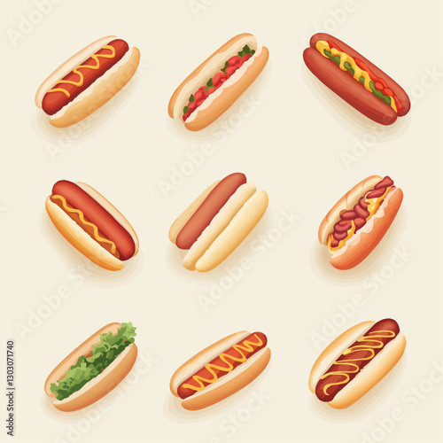 Nine hot dogs with various toppings on buns, from above, delicious food
