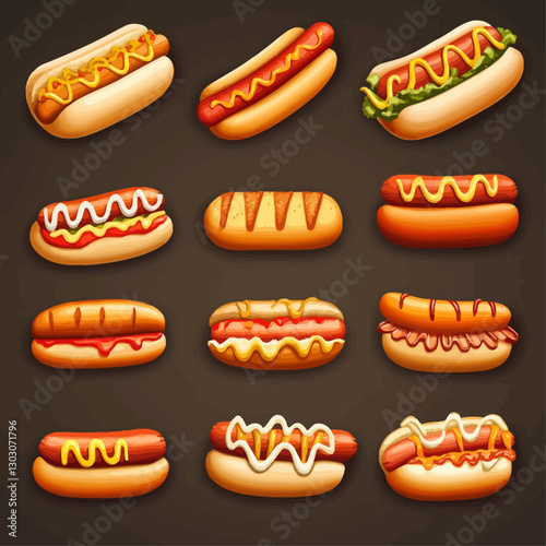 Cartoon hot dog collection with mustard, ketchup, mayo, and lettuce