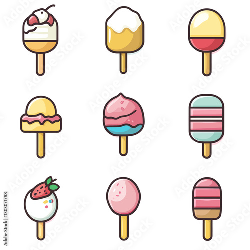 Assorted Ice Cream Popsicle Flavors with Colorful Toppings and Designs