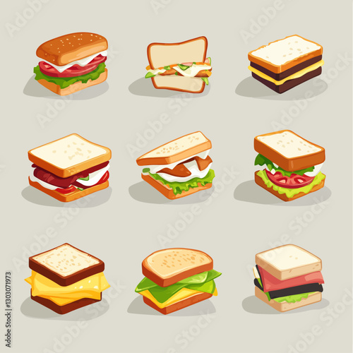 Variety of cartoon sandwiches with different fillings, food vector art