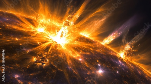 A close-up view of the sun's fiery surface with solar flares erupting into space