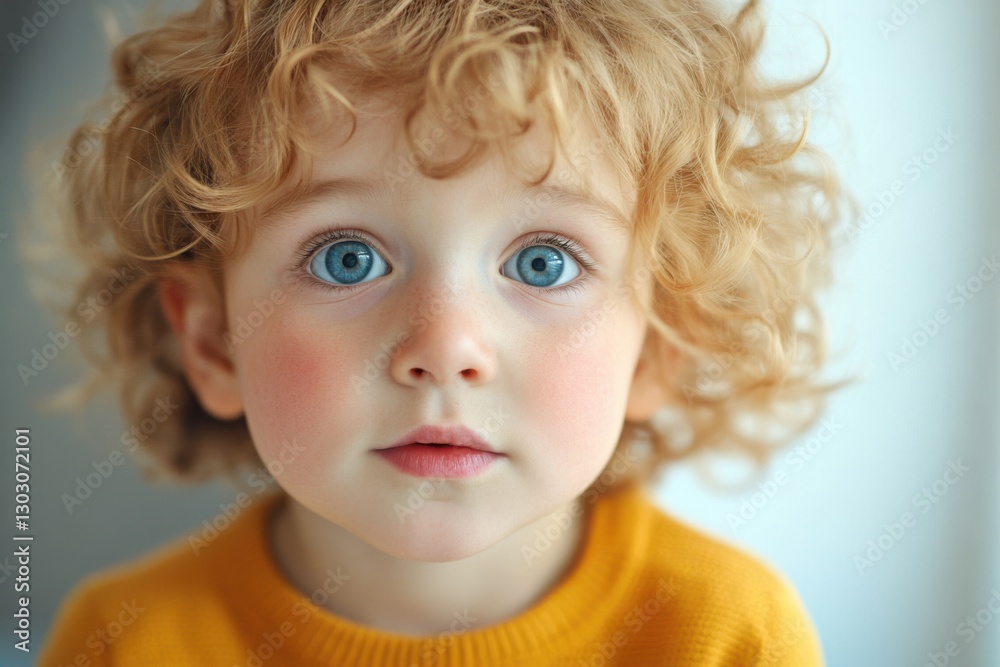 Child with curly hair and blue eyes gazes thoughtfully while wearing a yellow sweater indoors Child with curly hair and blue eyes gazes thoughtfully while wearing a yellow sweater indoors