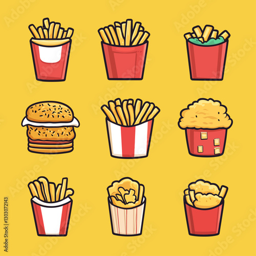 Fast Food Icon Set: Cartoon Burger, Fries, Chicken Nuggets on Yellow