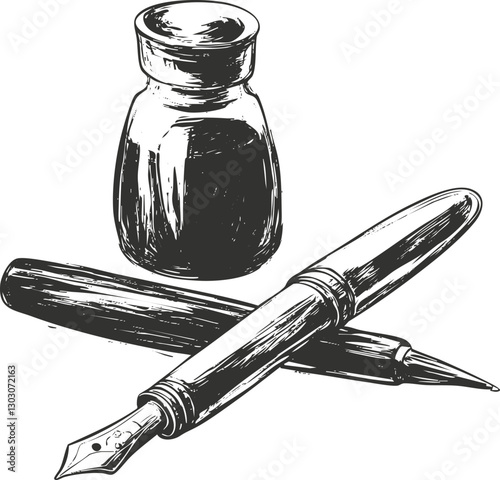 Vintage ink bottle and fountain pen sketch illustration in black and white.