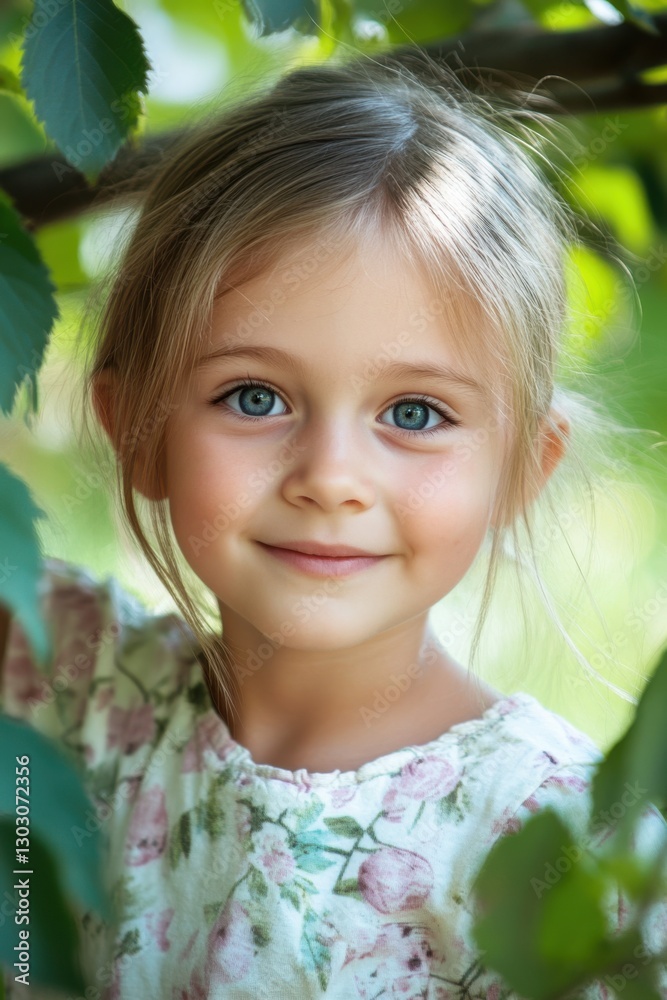 Smiling girl with blue eyes surrounded by green leaves on a sunny day in nature Smiling girl with blue eyes surrounded by green leaves on a sunny day in nature