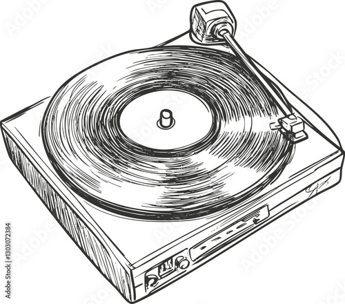 Illustration of a vintage vinyl turntable in black and white drawing style.