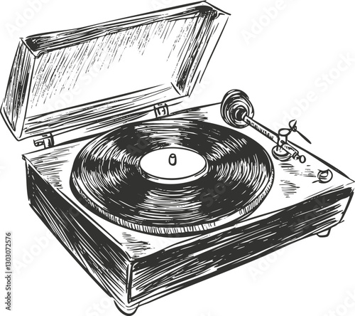 Black and white sketch of a vintage turntable with vinyl record.