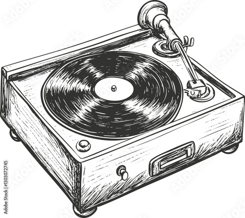 Vintage turntable illustration with vinyl record and stylus.