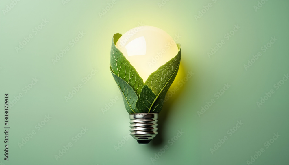 Eco-friendly light bulb wrapped in green leaves on pastel background, concept of sustainability