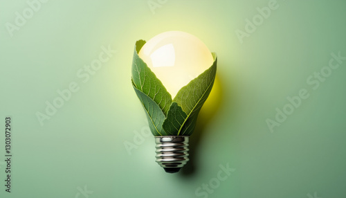 Obraz na płótnie Eco-friendly light bulb wrapped in green leaves on pastel background, concept of sustainability w salonie