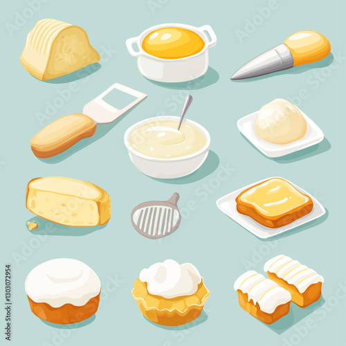 Cartoonish dessert selection with butter, cream, and glazed pastry items