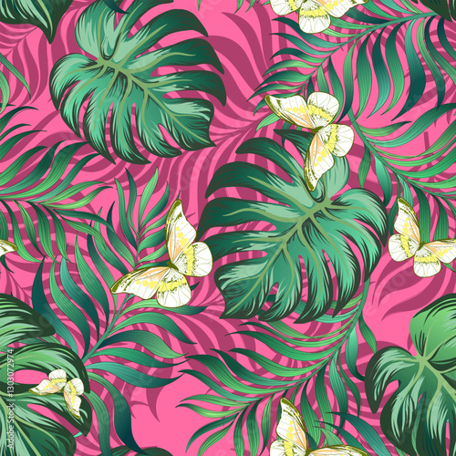 Jungle vector pattern with tropical leaves. Trendy summer print. Exotic seamless background.	
