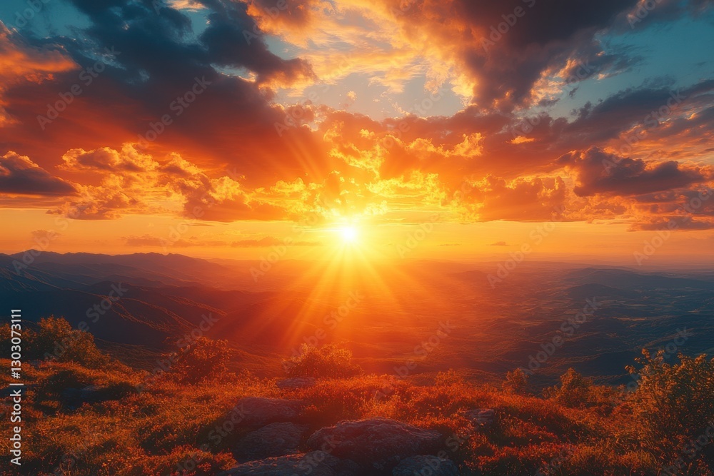 Breathtaking sunset over mountains with vibrant clouds illuminating the sky