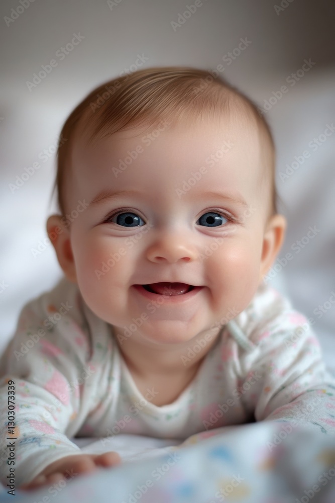 Smile of a joyful baby relaxing on a soft bed in a cozy, well-lit room Smile of a joyful baby relaxing on a soft bed in a cozy, well-lit room