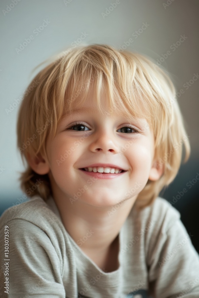 Happy young boy smiles warmly at the camera in a cozy indoor setting Happy young boy smiles warmly at the camera in a cozy indoor setting