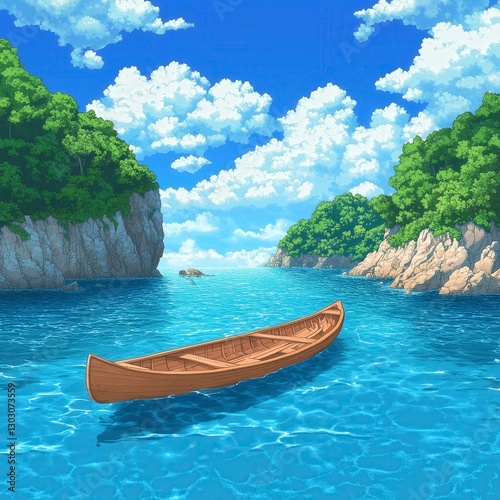 Pixel Art Tranquil Scene of a Wooden Boat on Calm Blue Water Under a Bright Sky