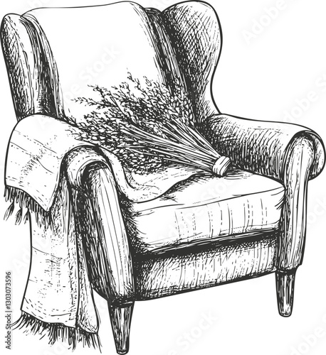 Vintage armchair sketch with blanket and flowers on seat.