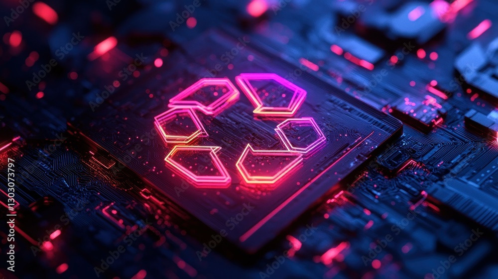 Neon recycle symbol on circuit board, futuristic technology background Neon recycle symbol on circuit board, futuristic technology background