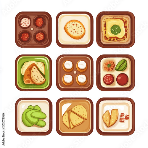Diverse food arrangement of appetizers and snacks on decorative plates
