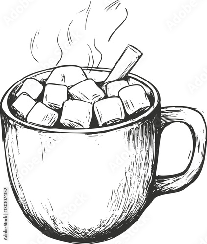 Illustration of a steaming mug with marshmallows on top, in black and white.