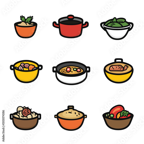 Assorted Vibrant Soup Bowl Icons: Culinary Vector Illustration Set