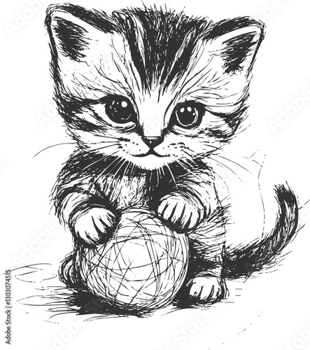 Adorable kitten sketch holding a ball of yarn in black and white.