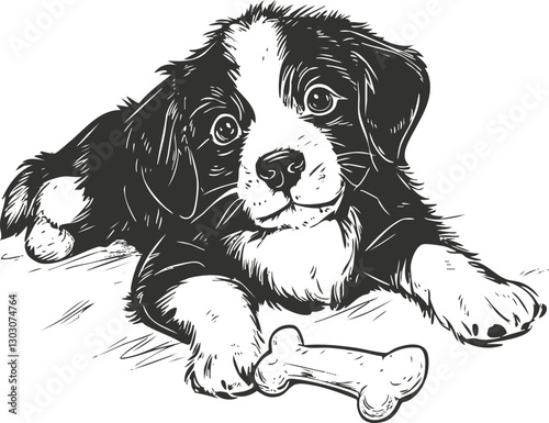 Black and white illustration of a cute puppy with a bone.