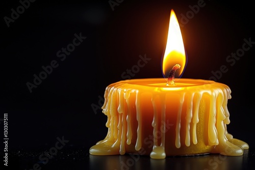 Glowing candle on dark background with melting wax: calm and relaxing atmosphere