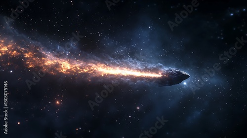 A comet with a long, glowing tail traveling across a dark, starlit sky