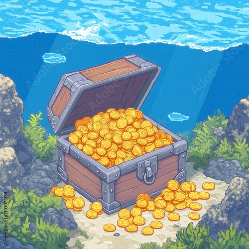 Pixel Art Treasure Chest Full of Gold Coins Underwater Surrounded by Coral Reefs