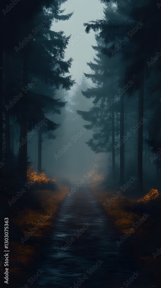 Obraz premium Misty forest path in twilight