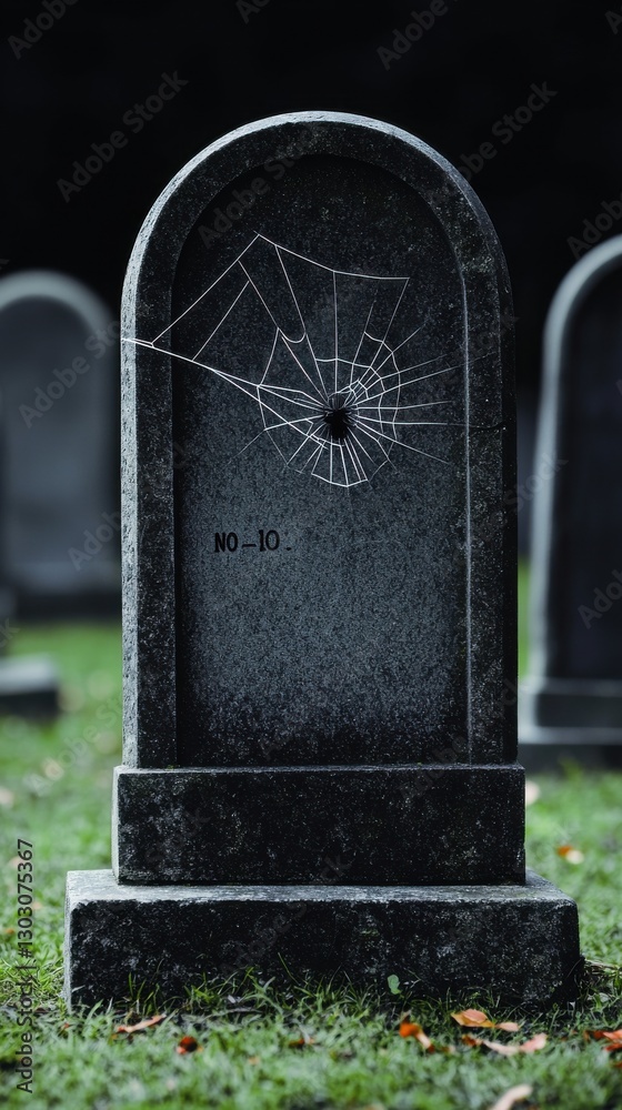 Fototapeta premium A haunting gravestone adorned with cobwebs in a serene graveyard.