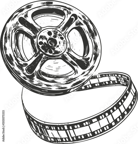 Hand-drawn sketch of vintage film reel and strip illustration.