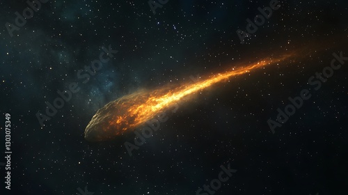 A comet with a long, glowing tail traveling across a dark, starlit sky