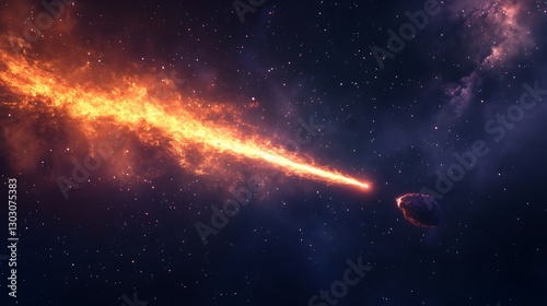 A comet with a long, glowing tail traveling across a dark, starlit sky