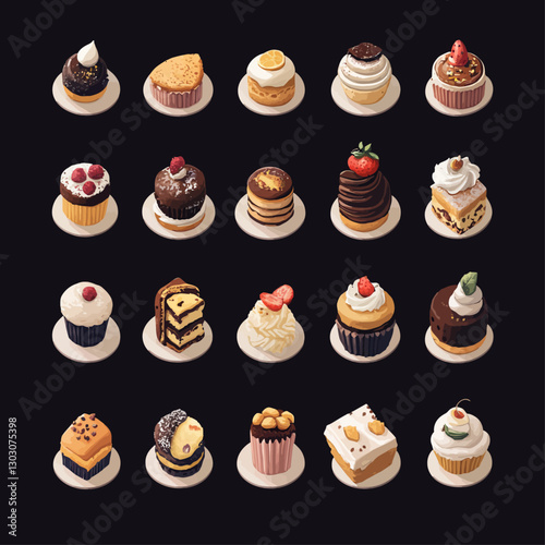Assorted miniature cakes and cupcakes on a dark background in isometric view